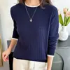 Blusa de tricô de algodão puro com gola redonda e design de trança em cores contrastantes, estilo coreano, versátil, simples e elegante, blusa de tricô feminina de manga longa