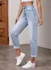 Jeans rectos de mujer con dobladillo enrollado estilo europeo y americano transfronterizos, pantalones cortos vaqueros elásticos lavados y desgastados, mezclilla versátil para streetwear