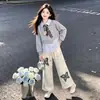 Conjunto de Duas Peças: Calça Casual Wide-Leg Retrô Borboleta para Meninas e Moletom Fofo Listrado Color Block