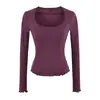 Camiseta básica de manga larga con cuello cuadrado, estilo de chica hot puramente seductor para mujer, agradable para la piel, fina, versátil, ajustada, que realza la figura, camiseta base ajustada