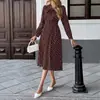 Comercio Exterior Transfronterizo Otoño 2025 Nuevo Elegante Vestido Retro de Longitud Media con Cuello de Lazo, Mangas Largas, Cintura Ajustada y Lunares