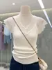 Diseño de Encaje Puro de Lujo de Alta Gama con Empalme Tejido de Manga Corta 2025 Ropa de Verano Elegante Cuello en V Camisa Top para Mujer