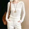Nuevo top de punto estilo 'chica hot' de deseo puro, con hombros descubiertos, cuello diagonal, botones flotantes, transparente, ajustado y sexy