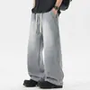 Jeans americanos de calle de pierna ancha desgastados azul claro para hombre, marca de tendencia cleanfit, con cordones, pantalones rectos holgados para estudiantes