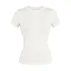 Camiseta Feminina Estilo Retro Minimalista Americano, Gola Redonda, Manga Curta, Fina e Justa ao Corpo, Acinturada, Top Básico Versátil