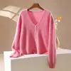 Nuevo cárdigan de punto con cuello de lana cachemir para otoño e invierno, de manga larga, suave y liso, top suéter de lana cepillada de color liso