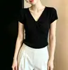 Camiseta de Punto Canalé Texturizado de Manga Corta para Mujer, Nueva Llegada de Verano, Top de Cuello en V 'Pure Desire Spicy Girl', Diseñador, Nicho
