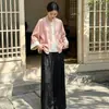Conjunto de duas peças de seda com qualidade garantida, redutor de idade, estilo chinês novo, para primavera e outono, com casaco clássico de botões e calça de perna larga para mulheres de meia-idade