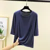 Camiseta de Moda de Algodón Elástico, Estilo Verano, Color Sólido, Cuello Redondo, Manga de Tres Cuartos, Panel de Forma de Arco