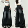Jeans de pierna ancha bordados en negro y gris, estilo americano, de cintura alta, corte holgado, adelgazantes y con un diseño de pierna recta y fluido, para mujer.