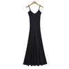 Vestido Americano Retrô Simples com Decote em V e Alças Feminino Senso de Design Pregueado Lateral Ajustado Sexy Comprimento Grande