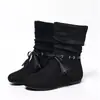 Botas cortas apiladas con borlas estilo retro, botas cortas apiladas con moño, botines, botines planos de punta redonda, zapatos de mujer para el uso diario