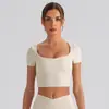 Top de Yoga Cruzado com Gola Quadrada e Manga Curta para Mulheres com Bojo, Camiseta Fitness, Top Casual Esportivo Diário para Exterior