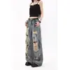Jeans Rasgado com Tinta Salpicada Estilo Retro Americano Wasteland para Mulheres, Design de Verão Plus Size, Calças de Cintura Alta Largas e Soltas