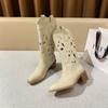 Botas Vaqueras Occidentales Estilo Nuevo 2026 con Tacones Gruesos, Agujeros Bordados, Botas Transpirables Vintage para Mujer en Varios Tamaños 41-4