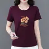 Comercio exterior transfronterizo~Camiseta de manga corta de alta gama para mujer, nuevo estilo de verano, estampada, corte holgado, adelgazante, top casual para madres de mediana edad