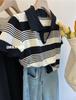 Nova gola polo listrada manga curta camiseta feminina estilo coreano design sense verão retro contraste cor fina fino malha top