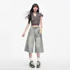 Jeans Cropped Feminino Vintage de Perna Larga para Primavera/Verão, Cintura Alta, Emagrecedor, Calça Reta Solta com Detalhes Rasgados