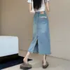 Falda de mezclilla talla grande para mujer, nuevo modelo verano 2026, de longitud media, tiro alto, efecto adelgazante, falda tubo de línea A con abertura