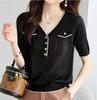 Camiseta de manga corta de seda de hielo estilo Chanel para mujer, verano, delgada, suéter de Tencel, camiseta negra con cuello en V con top de seda de morera