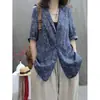 Ropa de Verano para Mujer de Algodón y Lino Estilo Nuevo Estampada Holgada Personalidad Elegante Casual Versátil Cardigan de Manga Media