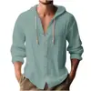 Camisa casual deportiva de manga larga con capucha para hombre, color liso, transpirable, abotonada, corte holgado, importación europea y americana, mezcla de algodón y lino