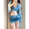 Biquíni Tie-Dye Novo Sexy Slim-Fit Tamanho Peito Push-up Camisa Externa Manga Longa Saia Fenda Maiô Conjunto de Quatro Peças Feminino
