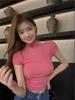 Camiseta Corta Sexy Pura Estilo Europeo y Americano para Mujer Color Sólido Cuello Alto Medio Chica Picante Ajustada Top de Verano Manga Corta Camisa Versátil