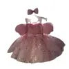 Vestido de Princesa Rosa con Lentejuelas para Niñas, Nuevo Producto de Verano, Mangas Abullonadas Infantiles, Lindo y Dulce Vestido Tutú de Cumpleaños