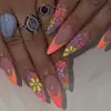 30 Peças Unhas Longas Amêndoa Tons Laranja Base Cor Rosa Nude Sistema de Cores Dopamina Colorido Flores Pequenas Estilo Hot Girl Europeu e Americano Arte de Unhas