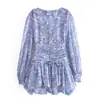 Estilo Europeu e Americano Retrô Decote V com Babados, Cós Floral, Vestido Super Delicado com Barra Grande, Elegante Vestido Curto de Manga Longa