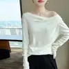 Blusa base feminina da moda, lã, outono/inverno, cor sólida, manga longa, novo estilo 2026, tricotada com decote de um ombro