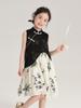 Nuevo Vestido de Verano 2024 para Niños Estilo Nacional Estampado de Bambú Negro y Blanco Empalmado Vestido Cheongsam para Niñas Mostrando Elegante