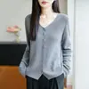 Elegante cárdigan de punto con cuello en V estilo francés para mujer, nueva prenda exterior de manga larga para otoño/invierno, corte holgado, suéter de color liso