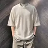 Camiseta de verano para hombre de punto color albaricoque con patrón de trigo, manga corta, fina, transpirable, estilo "old money", corte holgado, casual para pareja, manga corta