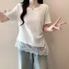 Roupas Femininas Plus Size 2026 Verão Novo Estilo Barra Irregular Renda Patchwork Manga Curta Camiseta Top Fino