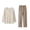 Pijama de Algodón Good Sleep Estilo Primavera y Otoño 100% Algodón para Mujer, Estampado de Leopardo, Moderno, Alta Calidad, Manga Larga, Algodón Suave, Nuevo Conjunto de Ropa para el Hogar