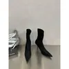 Botas de Calcetín Elásticas de Satén de Moda para Mujer 2026 Otoño/Invierno Botas Ajustadas Tacón Alto Punta Fina Botas Color Nude Botas Cortas Sencillas
