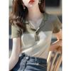 Camiseta de malha de manga curta com gola POLO cinza-esverdeada de alta qualidade para mulheres, verão 2025, estilo retrô chique de Hong Kong, top de ombro frontal