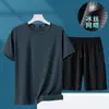 [Entrega Rápida] Traje Deportivo de Verano para Hombre, Transpirable, Casual, Absorbe la Humedad, Mangas Cortas y Shorts, Conjunto de Dos Piezas de Seda Hielo