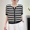 Camiseta de rayas de talla grande para verano, cárdigan moderno con cuello en V, tejido de punto fino en contraste de color, top holgado informal de manga corta