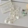 Calcetines Florales Pequeños para Mujer, Estilo Coreano Dulce Ins Calcetines de Rayas Verticales hasta la Pantorrilla, Malla Fina Transpirable Sin Costuras Holgados para Primavera y Verano