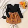 Amazon Europeia e Americana Outono Novo Halloween Conjunto de Top Preto de Manga Longa com Saia Estampada de Abóbora Marrom