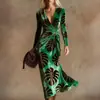 Vestido Transfronteiriço Novo Estilo com Decote em V e Mangas Longas com Elementos de Impressão Digital 3D, Saia Fashion e Personalizada para Marcar a Cintura Feminina
