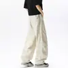 Calça cargo larga estilo americano de outono, cor cáqui grossa, para homens, perna larga, corte curvo, marca da moda, calça casual lavada