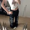 Calça jeans casual americana retrô com estampa de bolinhas, bolso com rebite de metal, para mulheres e homens, cintura baixa, corte slim-fit, boca larga.