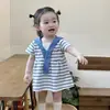 Saias para Bebês e Crianças Pequenas Meninas Vestido Curto de Manga Listrado com Gola Azul Marinho Vestidos Infantis Roupas de Verão para Bebês Fantasia de Performance Novo