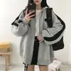 Cárdigan Gris Delgado Suéter con Capucha para Mujer Otoño e Invierno Estilo Coreano Holgado Forro Polar Cremallera Parche Bordado Combinación de Telas Abrigo de Moda Transfronterizo