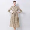 Vestido con Cuello Bordado para Mujer Mangas Largas Tipo Farol Cintura Ajustable con Cordones Falda de Línea A de Longitud Media Ropa Transfronteriza para Mujer Europea y Americana