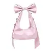 Bolso de Hombro para Mujer de Cuero con Cera de Aceite, Remaches y Lazo, Estilo Chica Caliente de Personalidad a la Moda Europea y Americana, Versátil